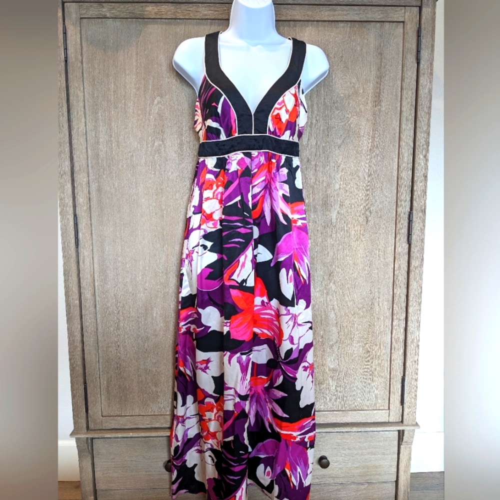 Banana Republic Floral Crisscross Back Halter Maxi Dress In Red, Fuscia & Black